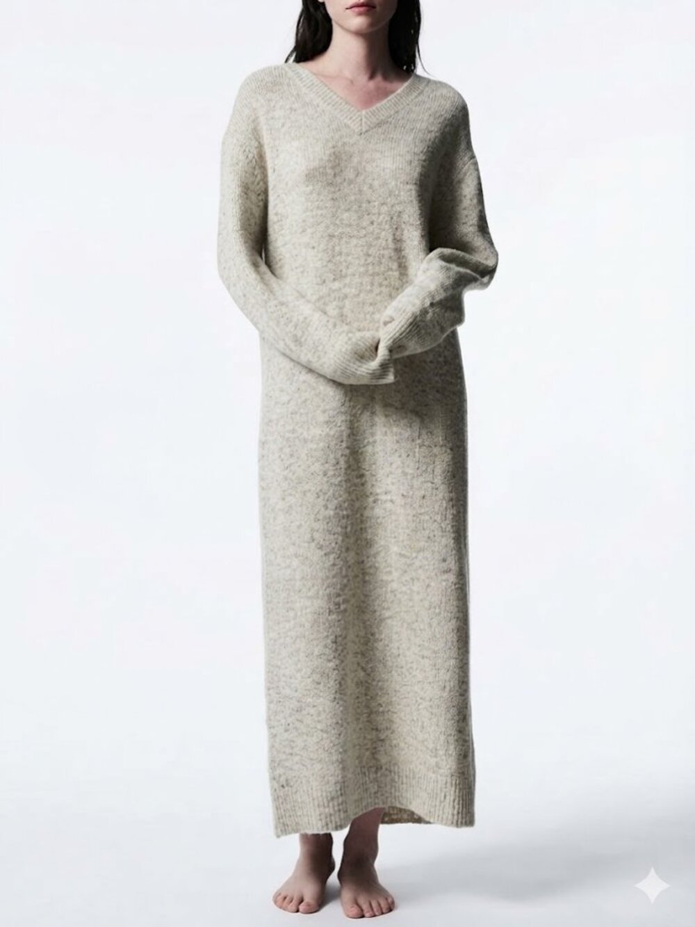 Zara Long V-Neck Sweater Dress Heather Gray Alpaca Wool Blend Size Small